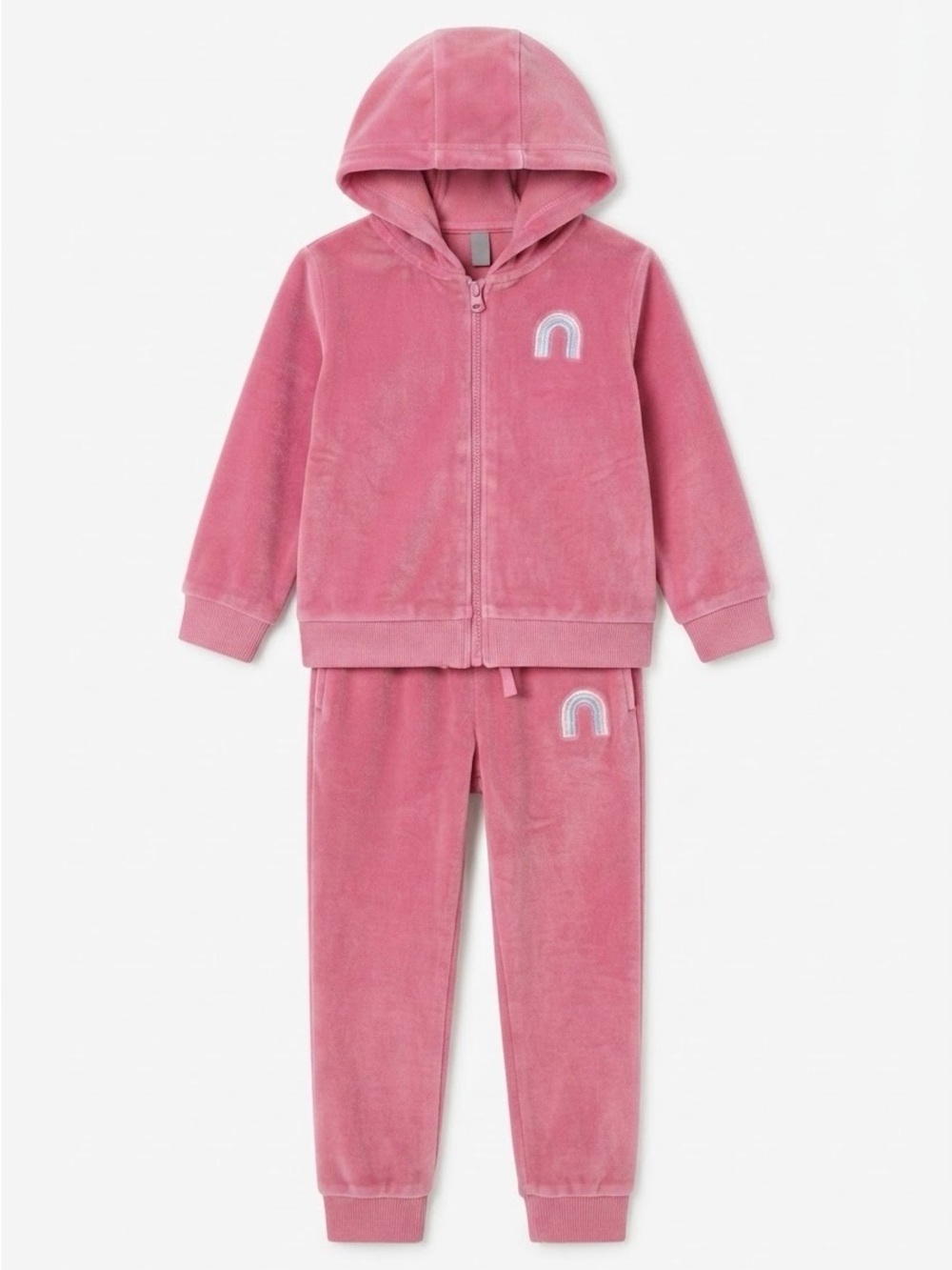Joe Fresh Pink Velour Hooded Zip-Up & Jogger Pajama Set with Rainbow Details 5T